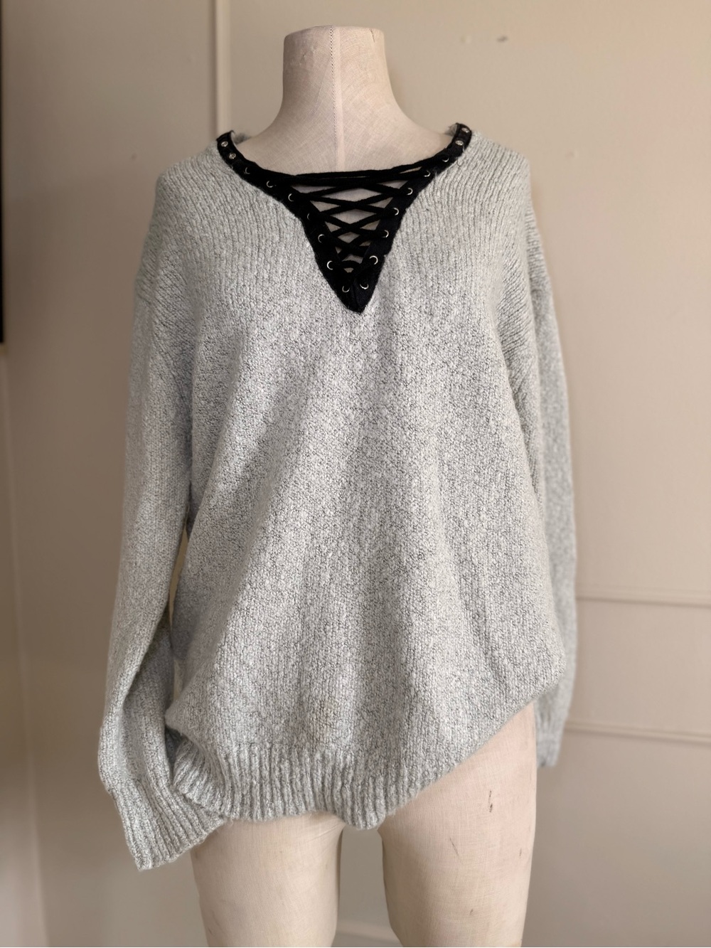 Entro Gray Lace Up Knit Sweater Size M